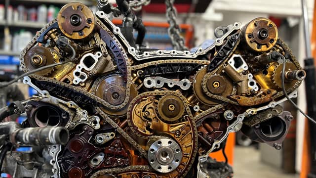 Timing chain kit ready for fitting on a diesel engine